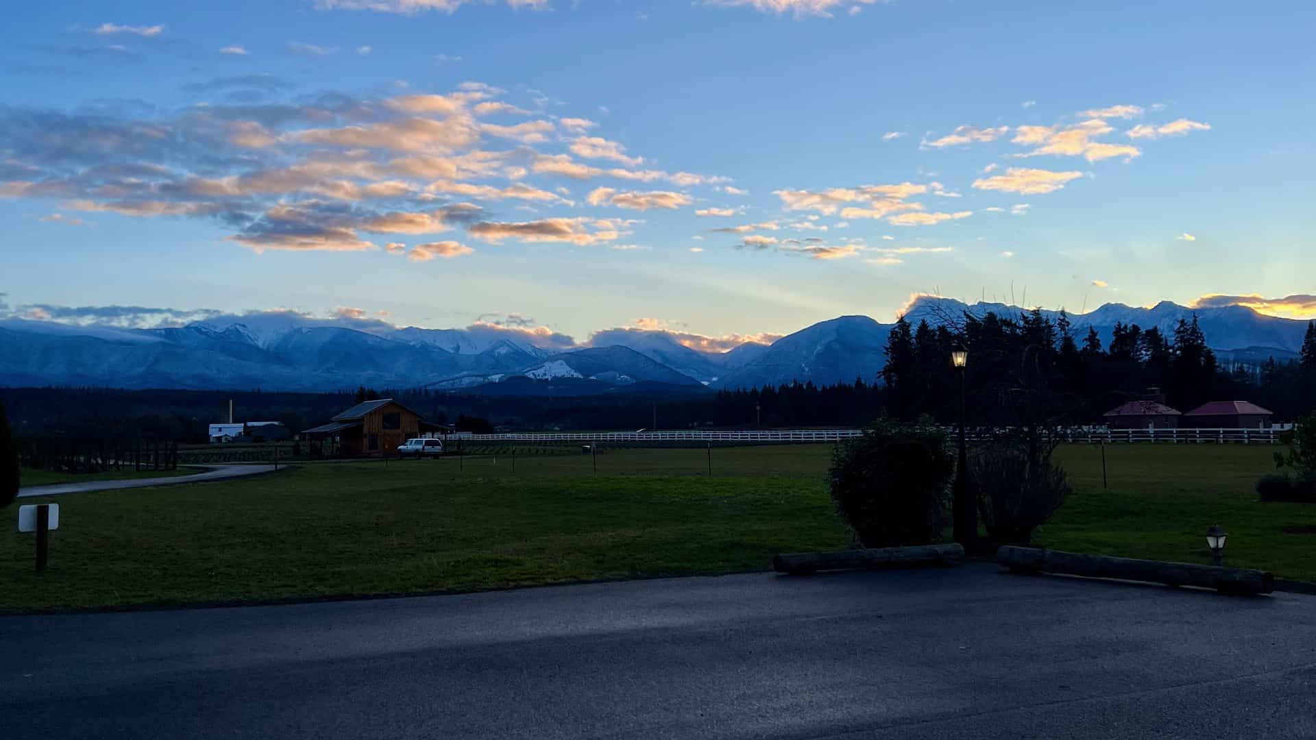 View of wooden building near lavender field with mountains in the background at dusk